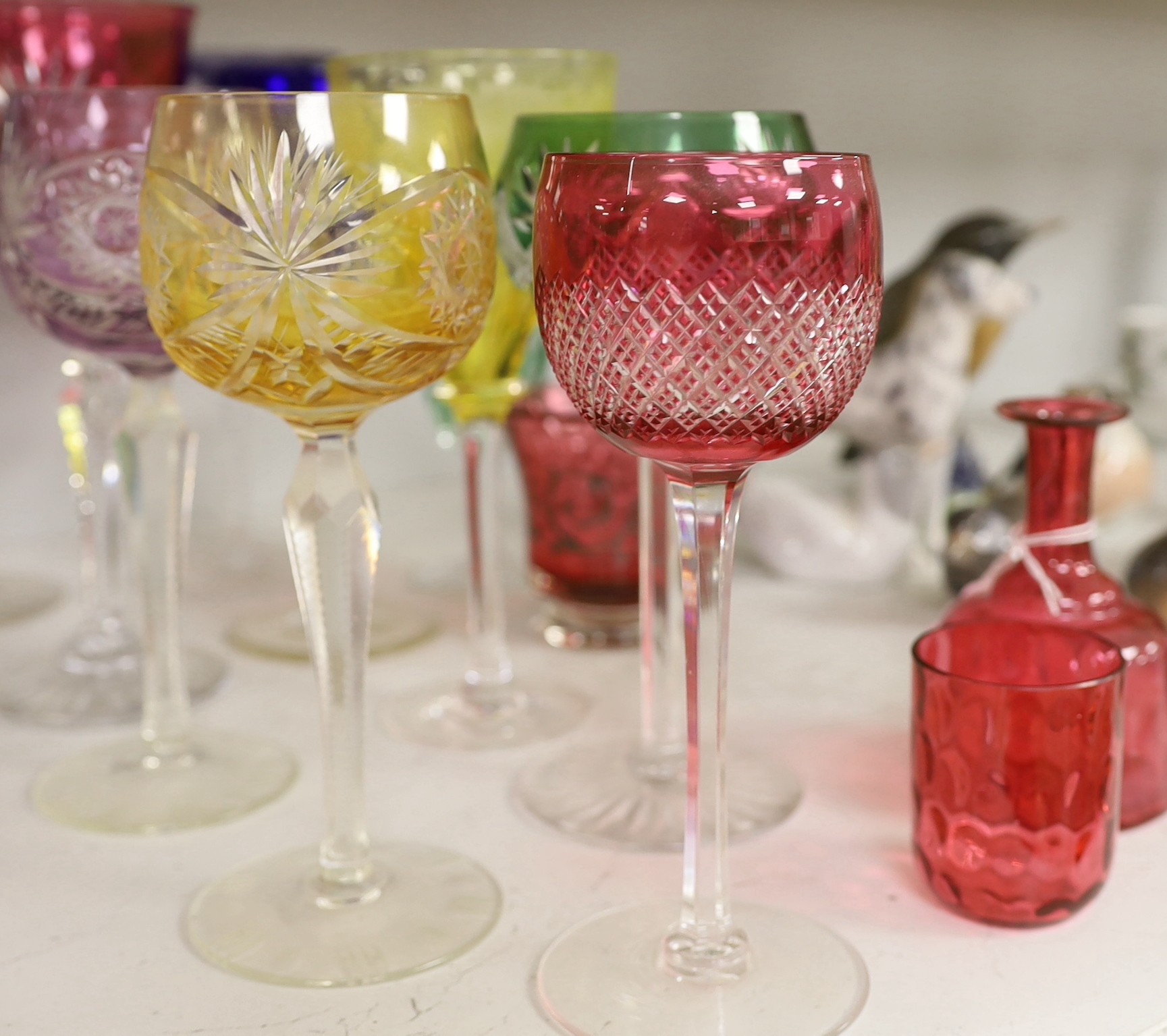 A group of coloured hock glasses and others. Tallest 21.5cm